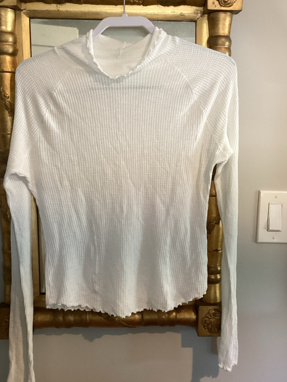 Free People White Waffle Knit Lettuce-Edge Long Sleeve Top